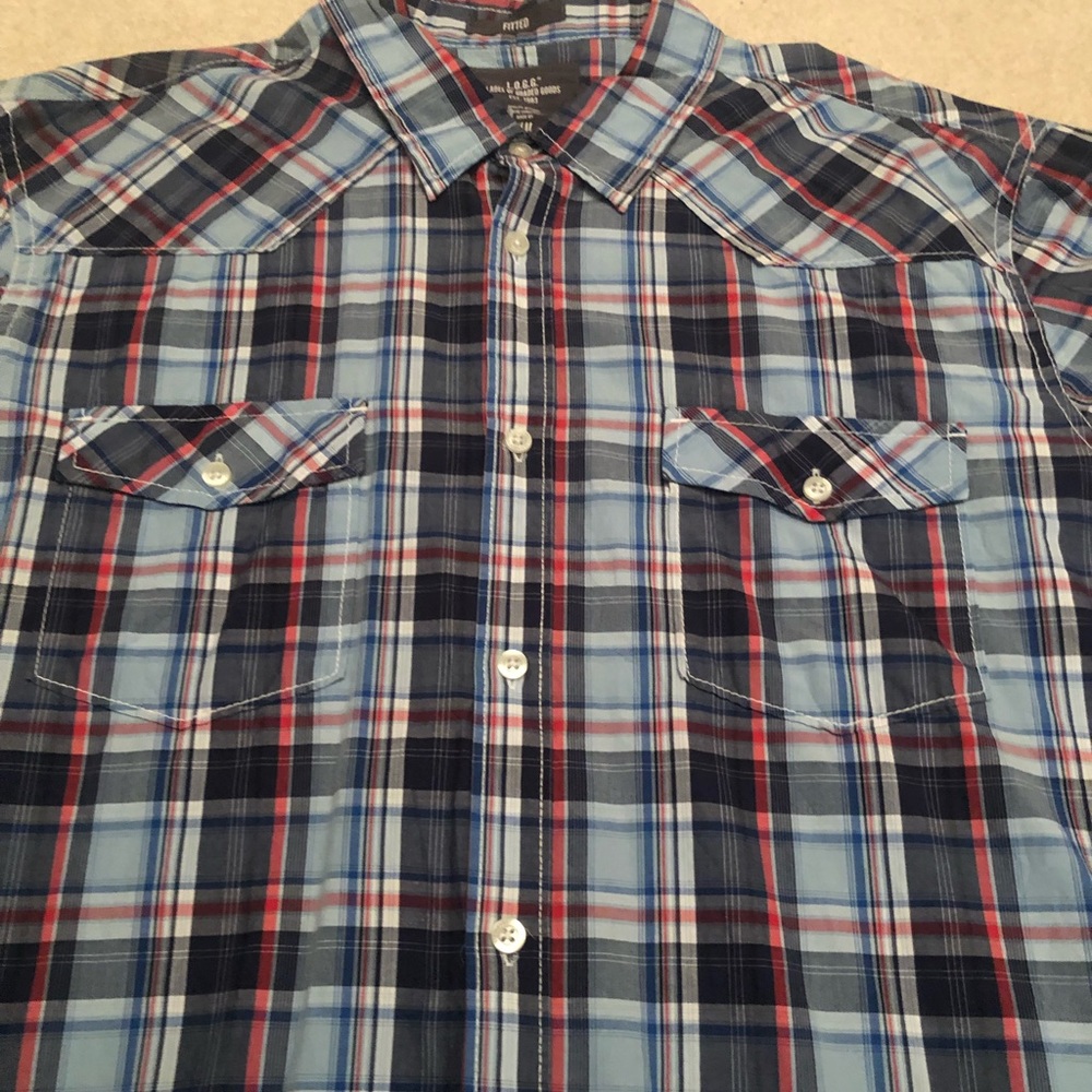 H&M L.O.G.G. Fitted Plaid Long Sleeve Button Down Shirt red white blue size XL - Picture 4 of 5